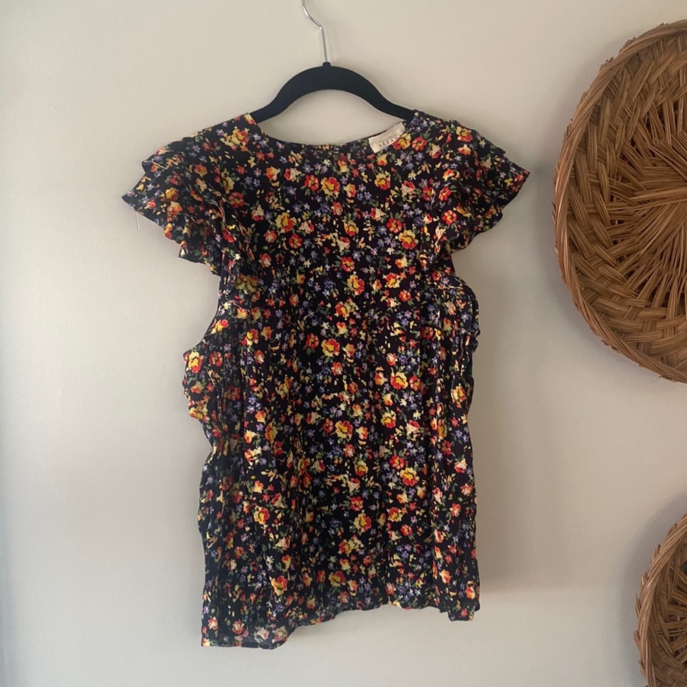Sezane Black Floral Ruffle Sleeve Blouse